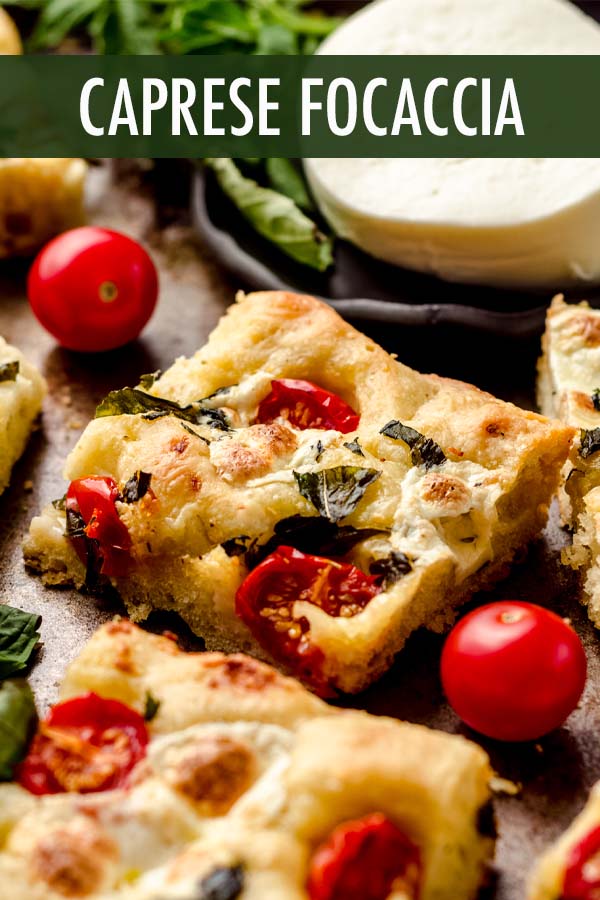 This easy caprese focaccia recipe is crispy on the outside, soft on the inside, and topped with fresh mozzarella, juicy cherry tomatoes, and basil leaves. via @frshaprilflours