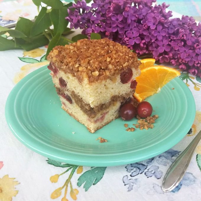A slice of cranberry sourdough coffee cake sitting on an aqua colored plate.