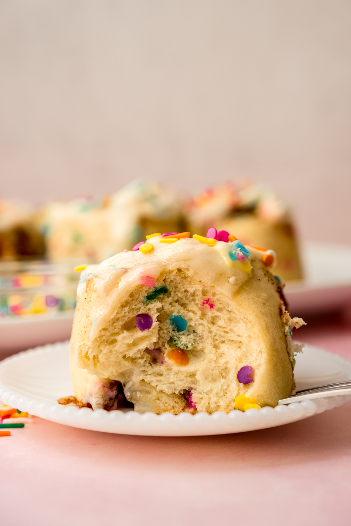 A confetti cinnamon roll on a plate.