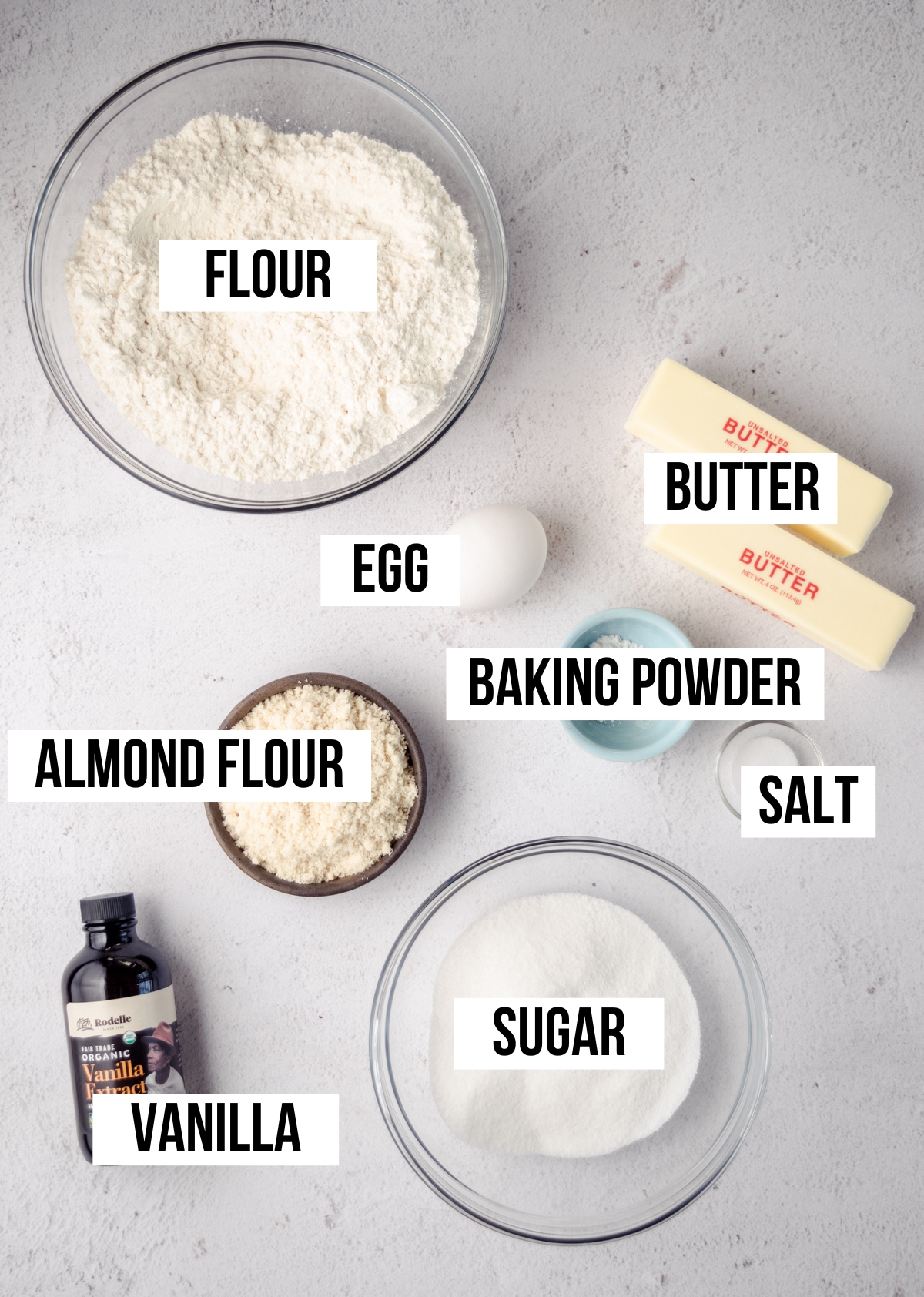 Ingredients for raspberry Linzer cookies with text overlay.