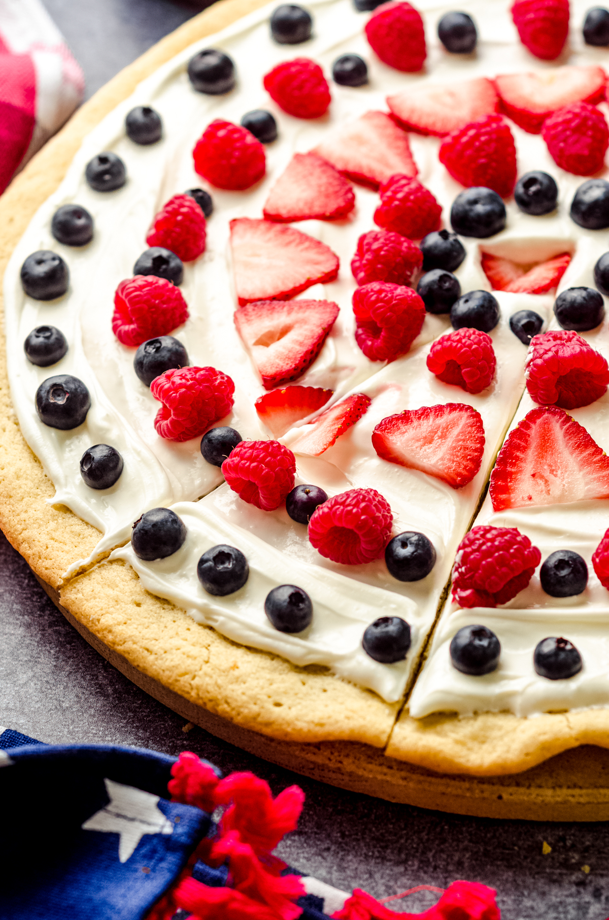 Sliced 4th of July fruit pizza.