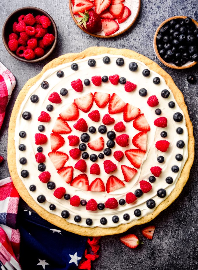 Aerial photo of 4th of July fruit pizza.