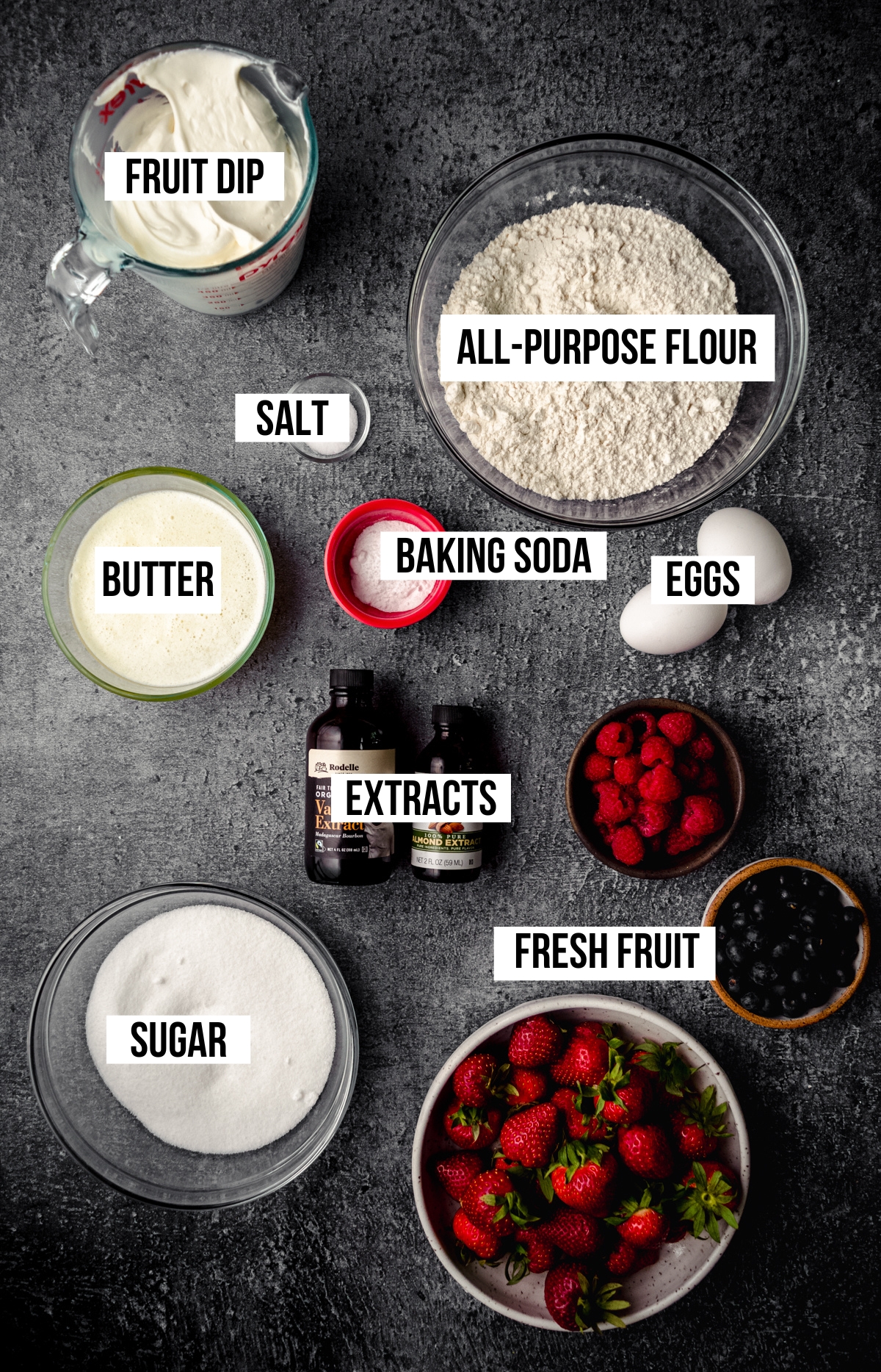 Ingredients for 4th of July fruit pizza with text overlay.