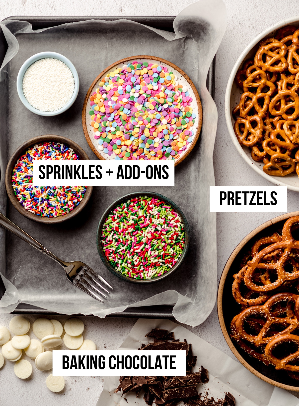 Aerial photo for chocolate covered pretzels with text overlay.