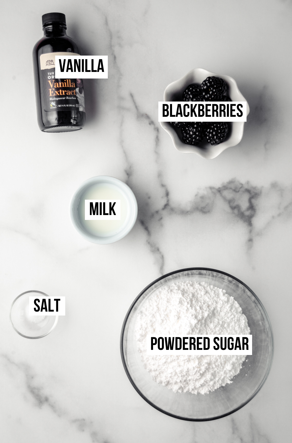 Aerial photo of ingredients for fresh blackberry icing with text overlay.
