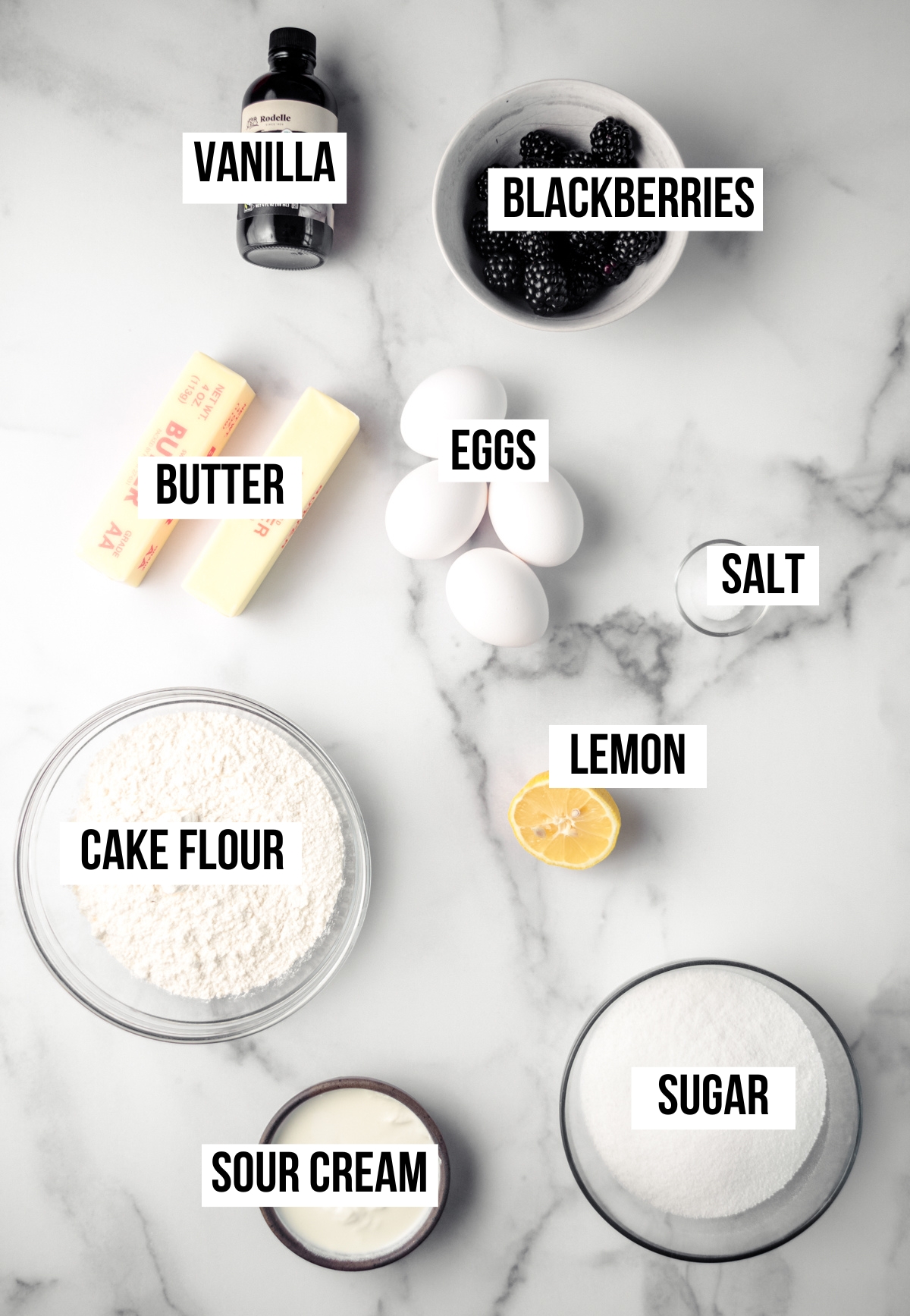 Aerial photo of ingredients for blackberry pound cake with text overlay.