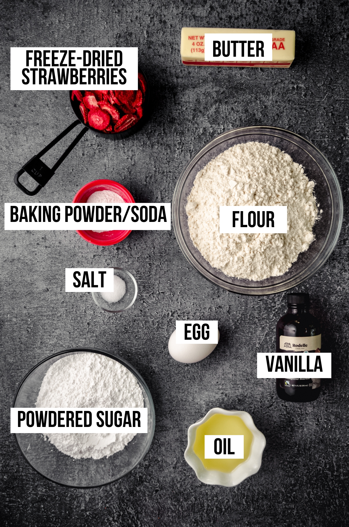 Ingredients for strawberry cookies labeled with text overlay.
