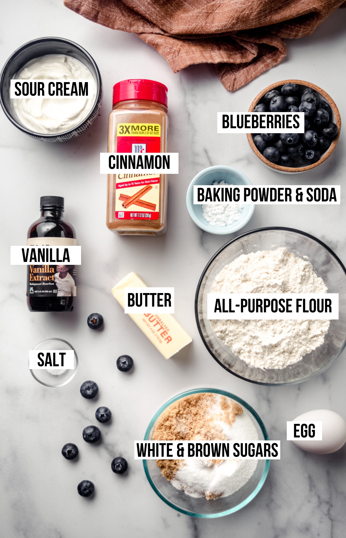 Aerial photo of ingredients for blueberry coffee cake with text overlay.