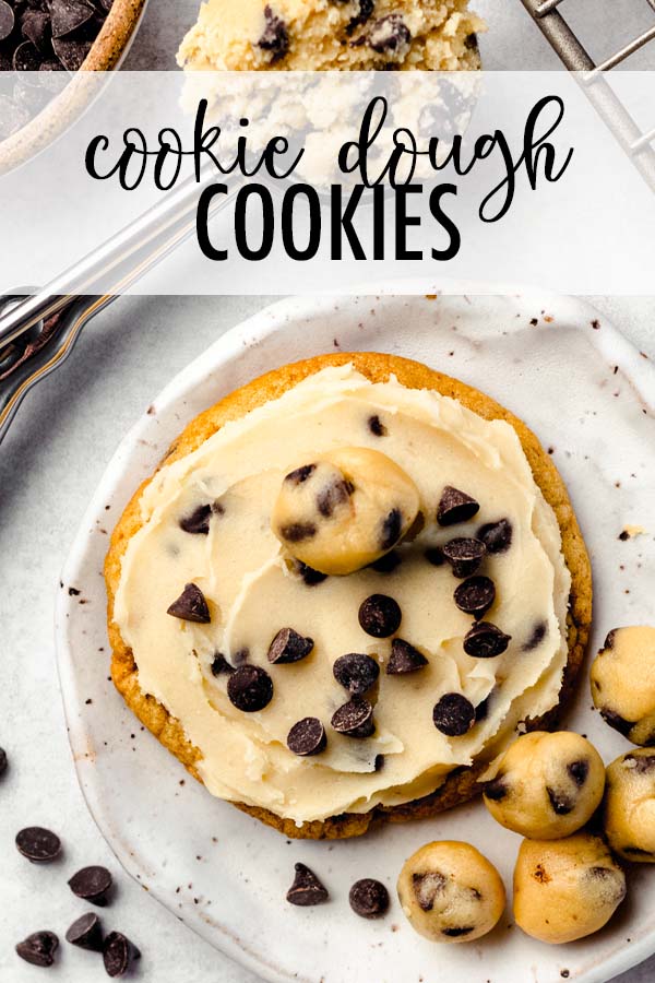 Simple chocolate chip cookies topped with cookie dough frosting and edible cookie dough chunks. A cookie dough lover's dream! via @frshaprilflours