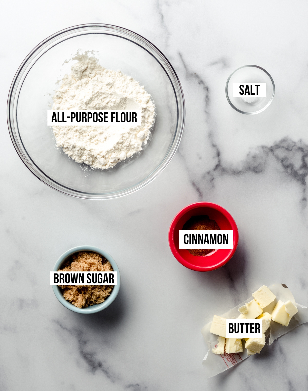 Aerial photo of ingredients for streusel topping with text overlay.