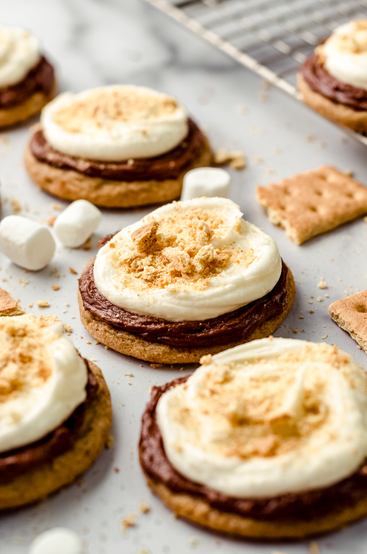 Frosted s'mores cookies on a surface with graham crackers and marshmallows scattered around.