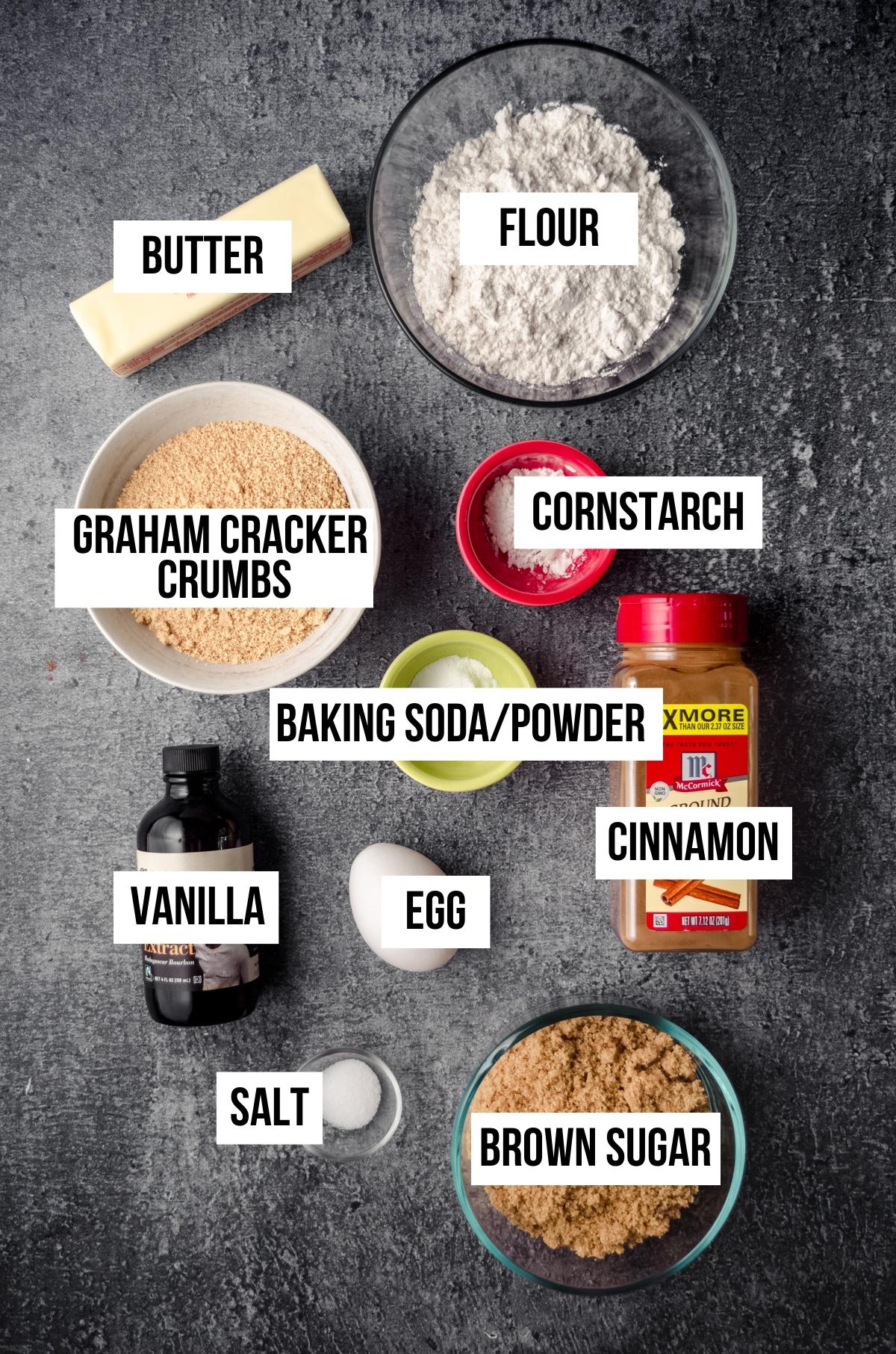 Aerial photo of graham cracker cookie ingredients with text overlay.