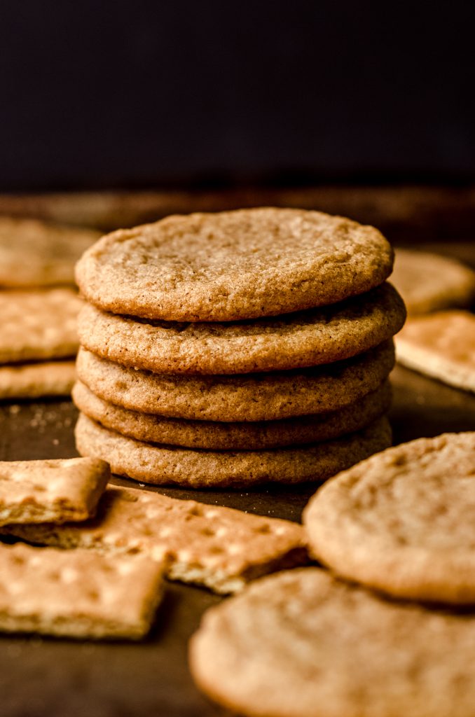 Graham cracker cookies on a surface with graham crackers around it.