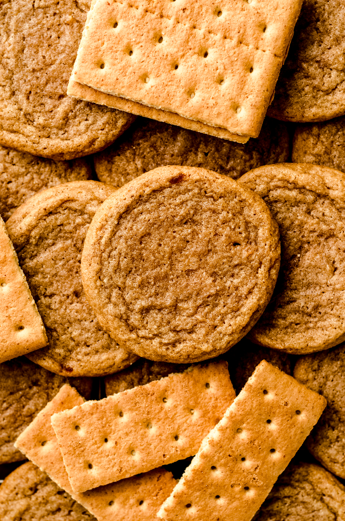 Graham cracker cookies on a surface with graham crackers around it.