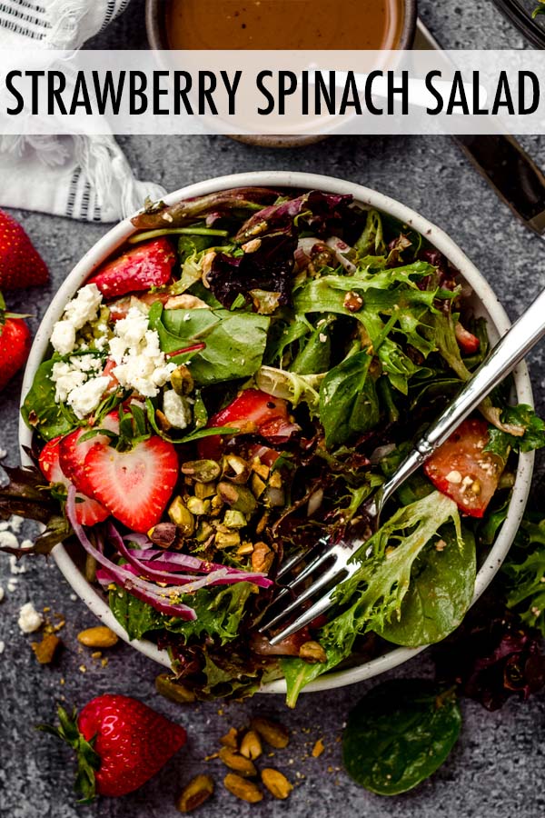 This easy strawberry spinach salad recipe features sweet strawberries, punchy red onion, salty pistachios, and tangy feta cheese. Serve on top of fresh baby spinach or in your favorite leafy greens mix.  via @frshaprilflours