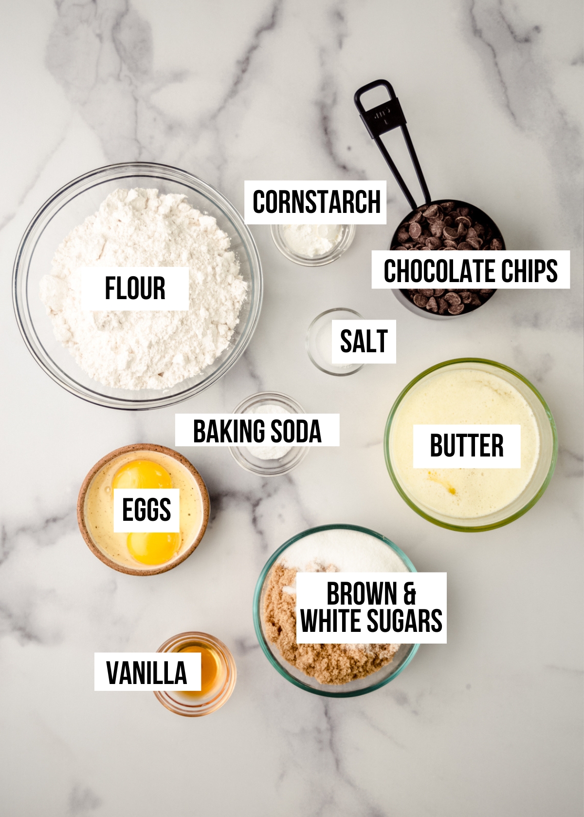 Ingredients for cookie cake labeled with text overlay.
