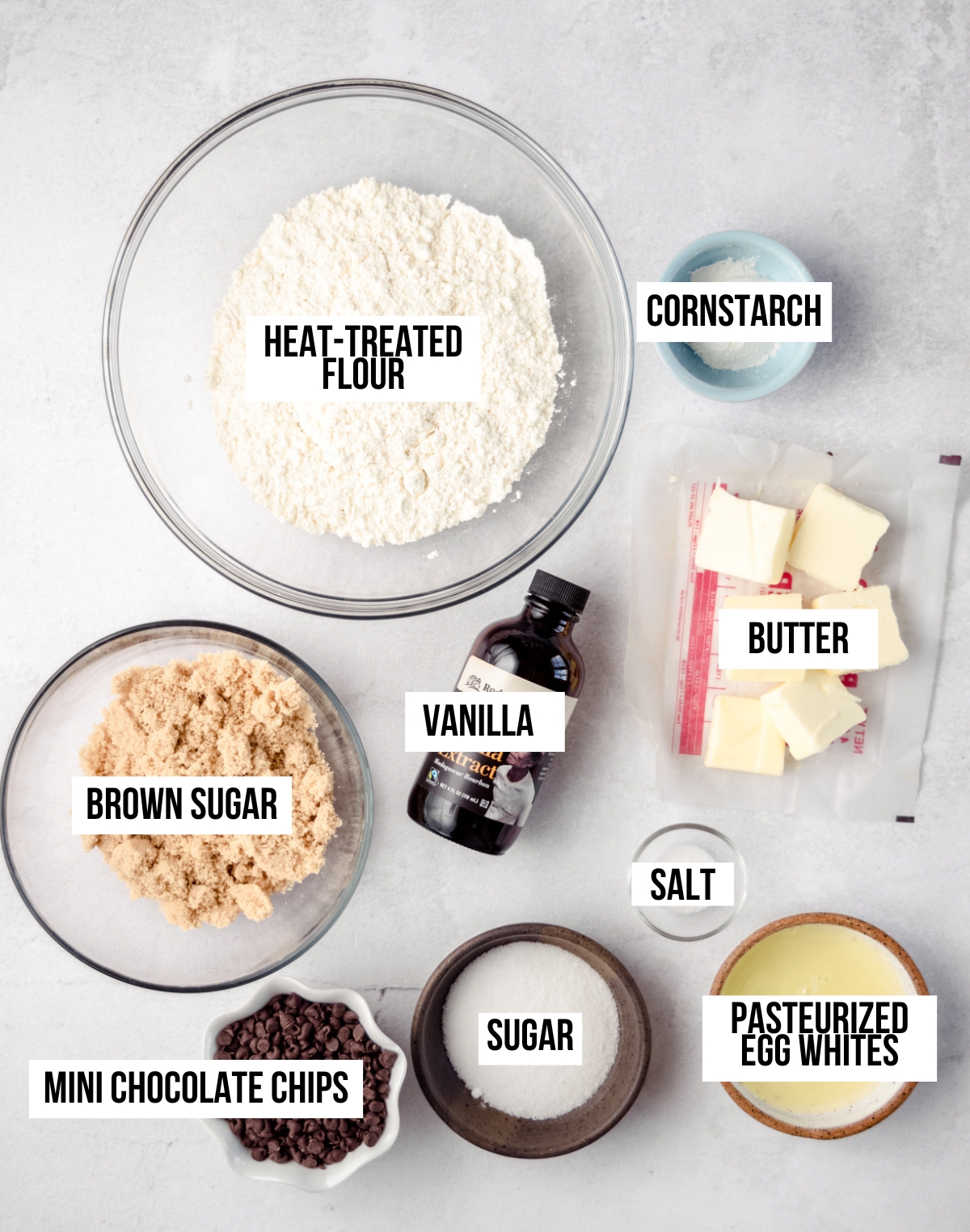 Aerial photo of ingredients for edible cookie dough with text overlay.