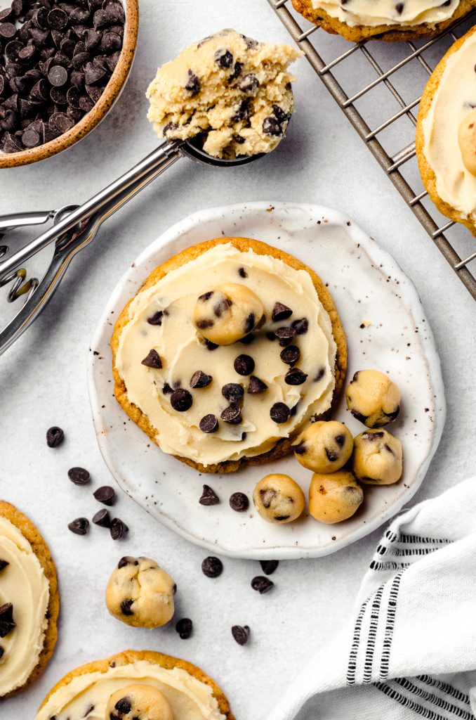 Aerial photo of cookie dough cookies on a plate.