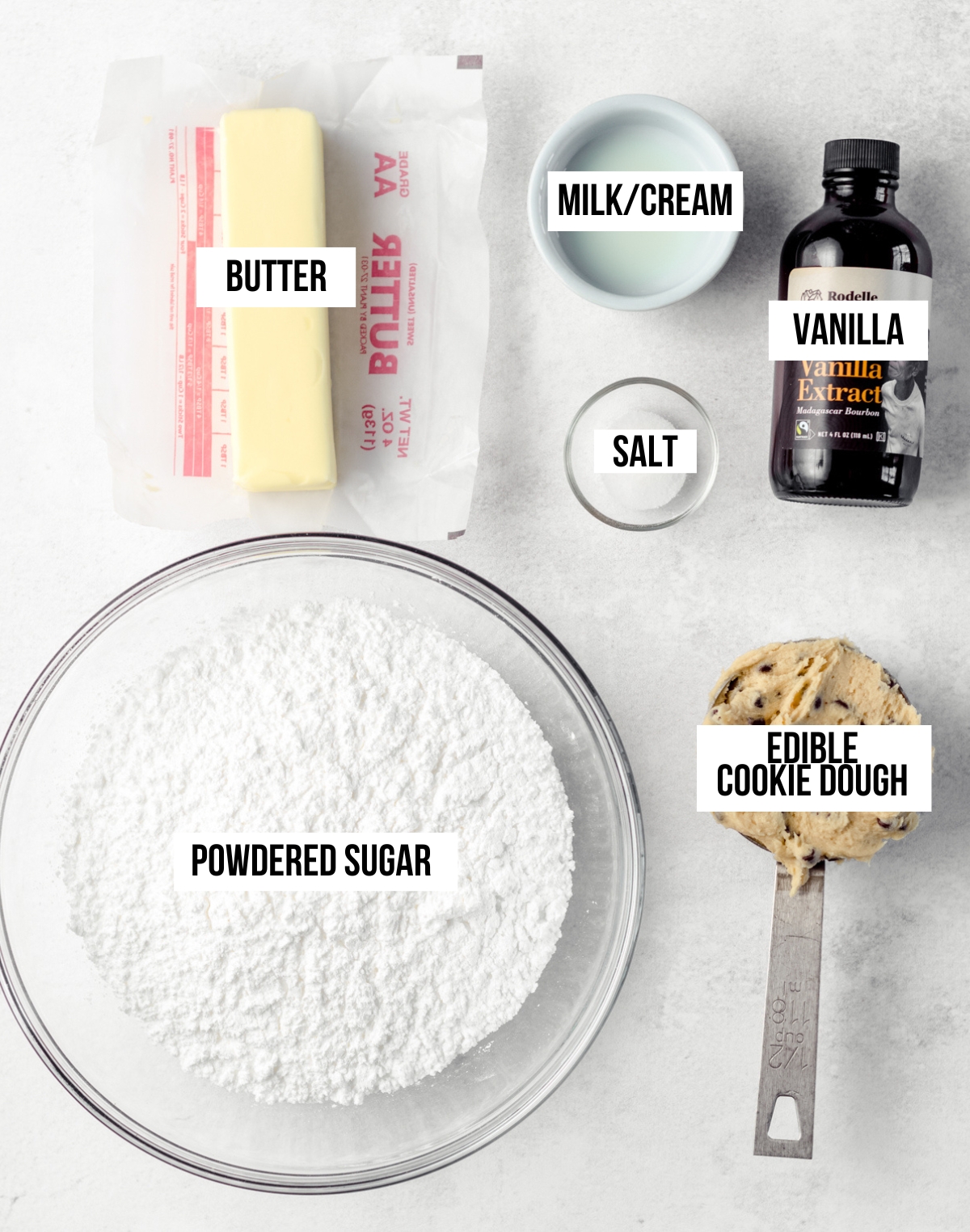 Aerial photo of ingredients for cookie dough frosting with text overlay.