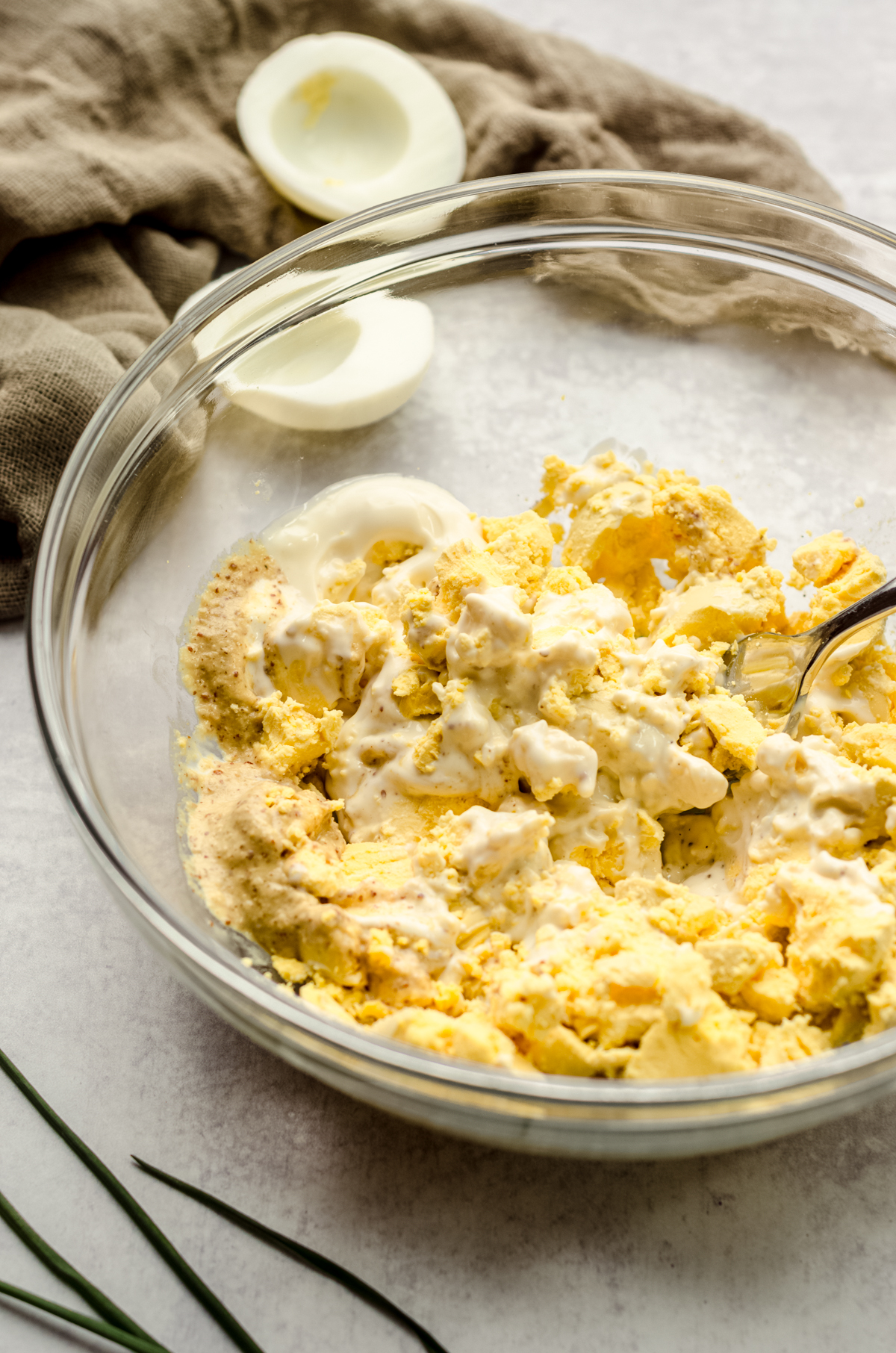 A bowl of filling for making deviled eggs.