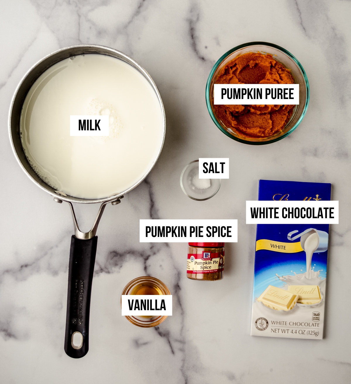 Ingredients for pumpkin spice hot chocolate labeled with text overlay.