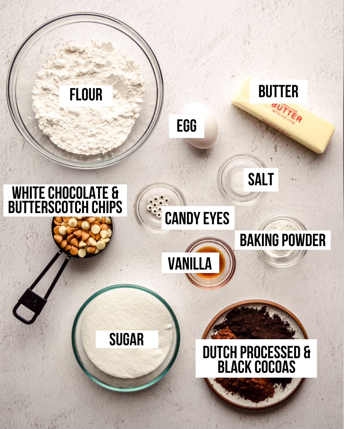 An aerial photo of ingredients for chocolate Halloween cookies with text overlay.