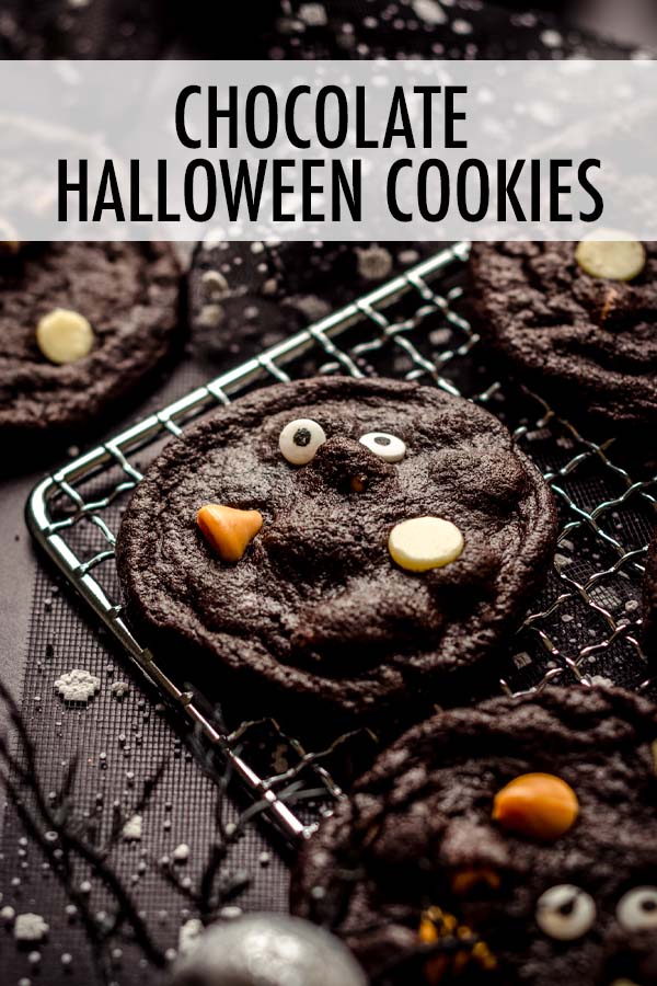 These rich dark chocolate cookies are made with a combination of regular cocoa powder and black cocoa to create a deep chocolate flavor. Add white chocolate and butterscotch chips and candy eyeballs for a simple festive touch! via @frshaprilflours