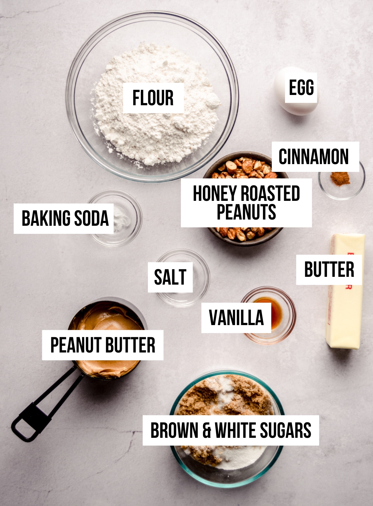 Aerial photo of ingredients for frosted peanut butter cookies with text overlay.