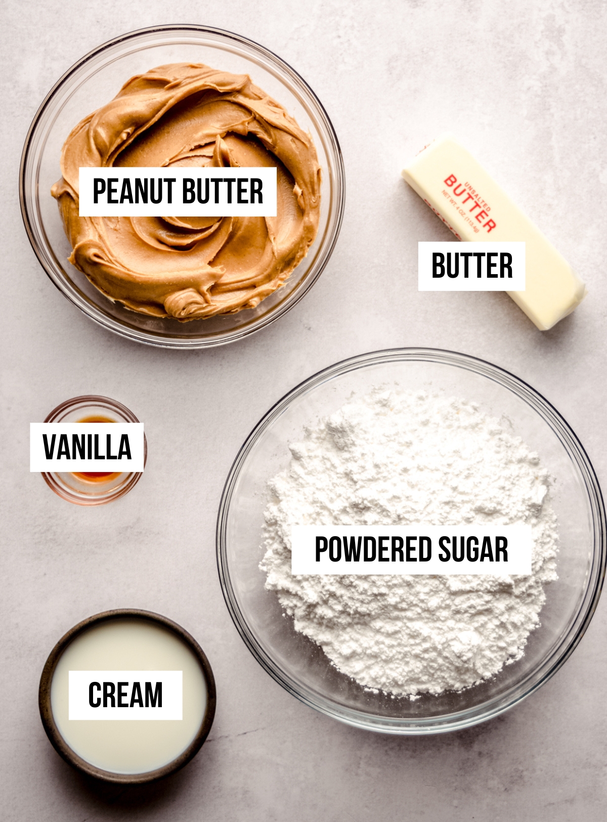 Aerial photo of ingredients for peanut butter frosting with text overlay.