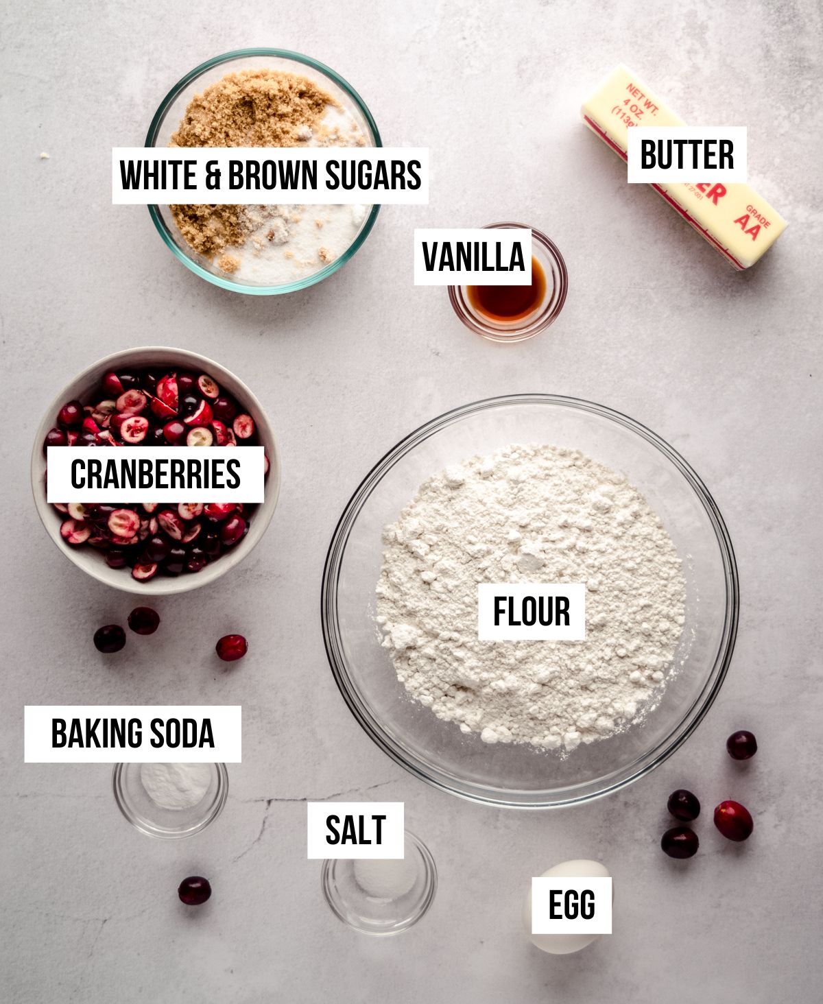 Aerial photo of ingredients for fresh cranberry cookies with text overlay.