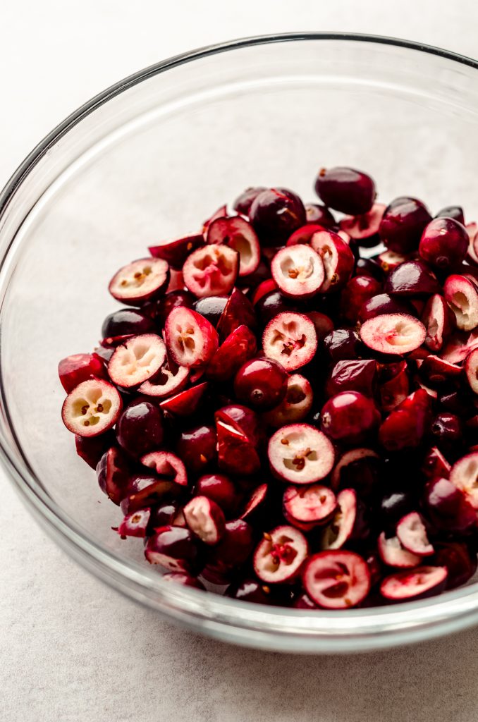 A bowl of chopped cranberries.
