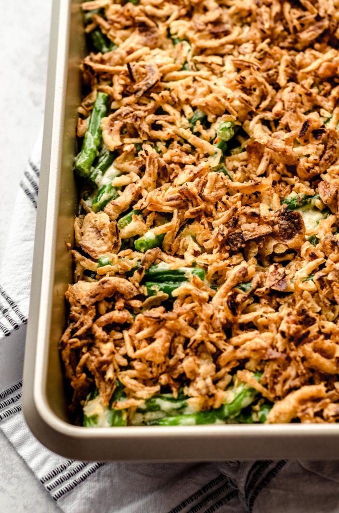 Green bean casserole without mushrooms in a baking dish.