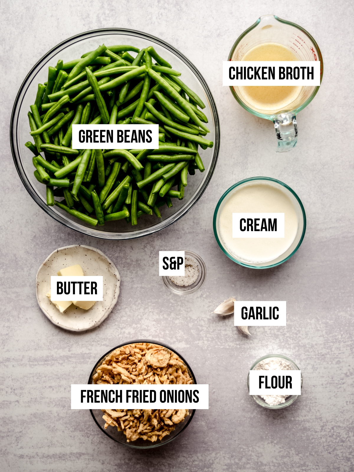 Aerial photo of ingredients for green bean casserole without mushrooms with text overlay.