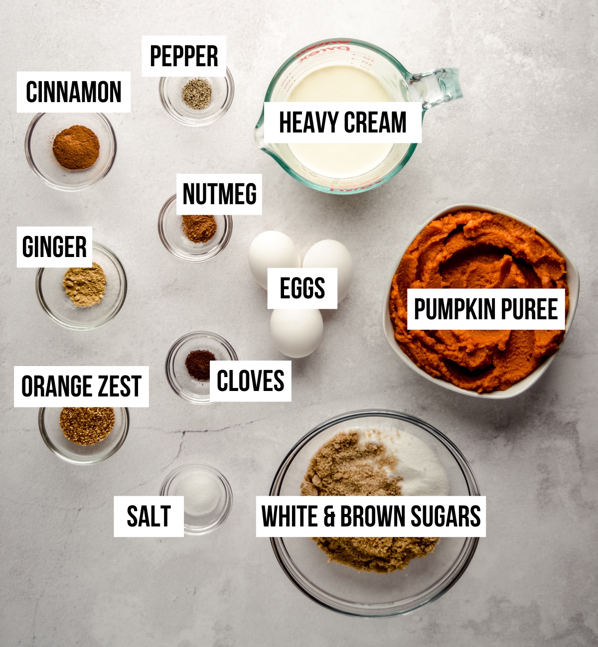Aerial photo of ingredients for pumpkin pie filling with text overlay.