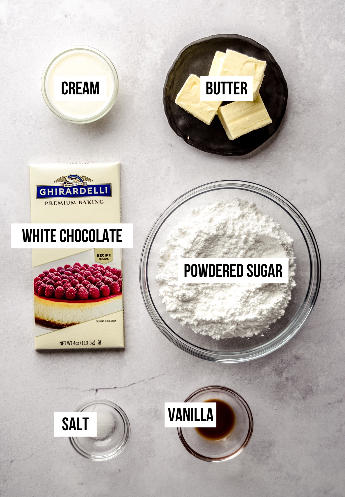 Aerial photo of ingredients for white chocolate frosting with text overlay.