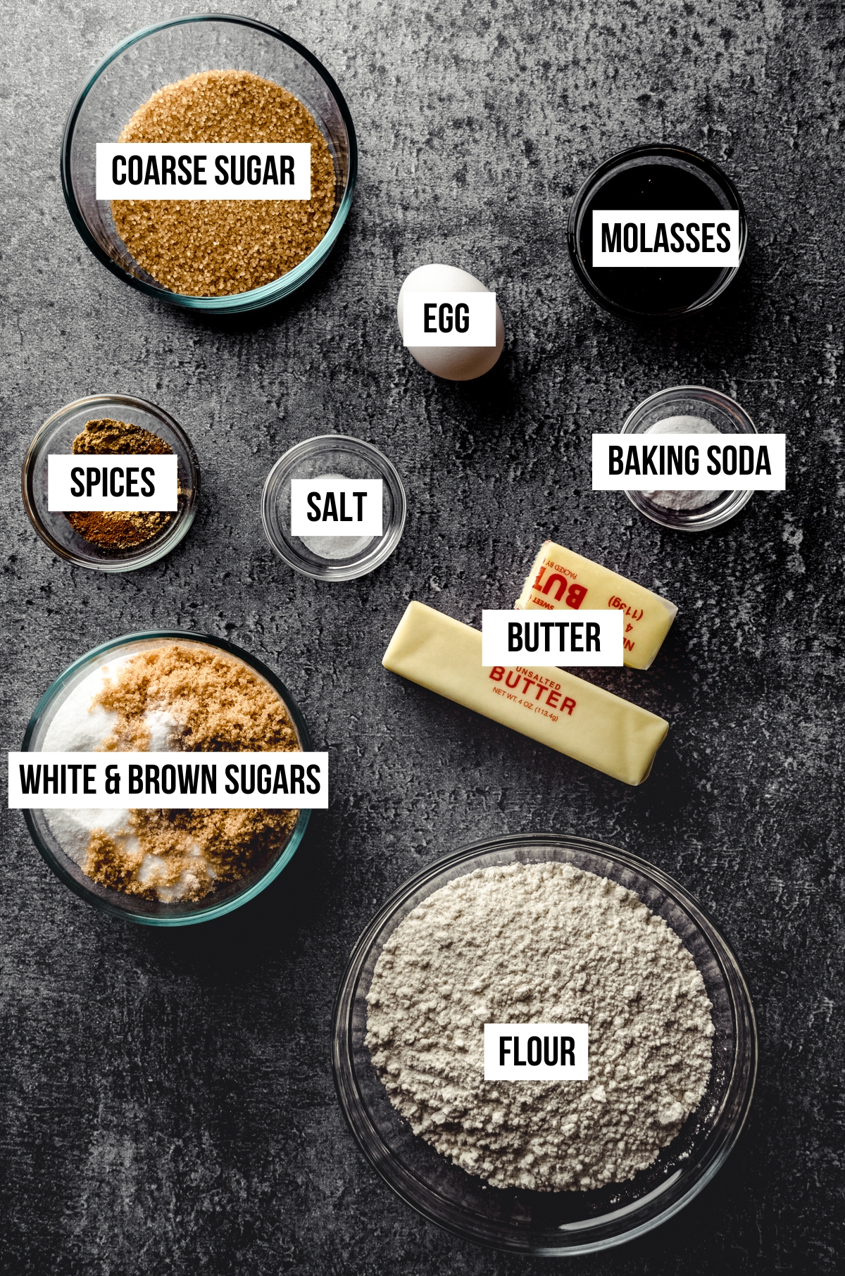 Aerial photo of ingredients for soft and chewy gingersnap cookies with text overlay.