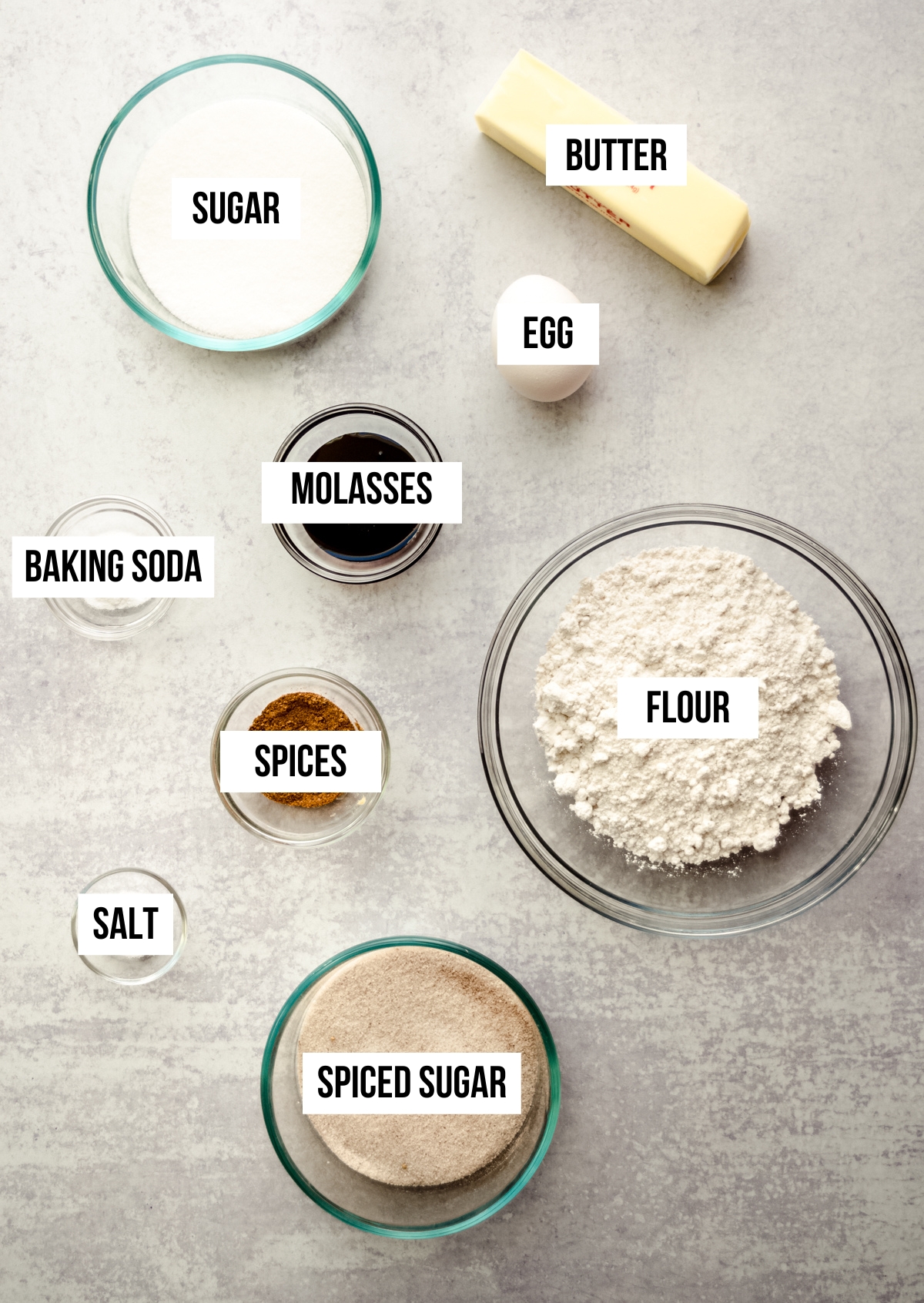 Aerial photo of ingredients for crispy gingersnap cookies with text overlay.