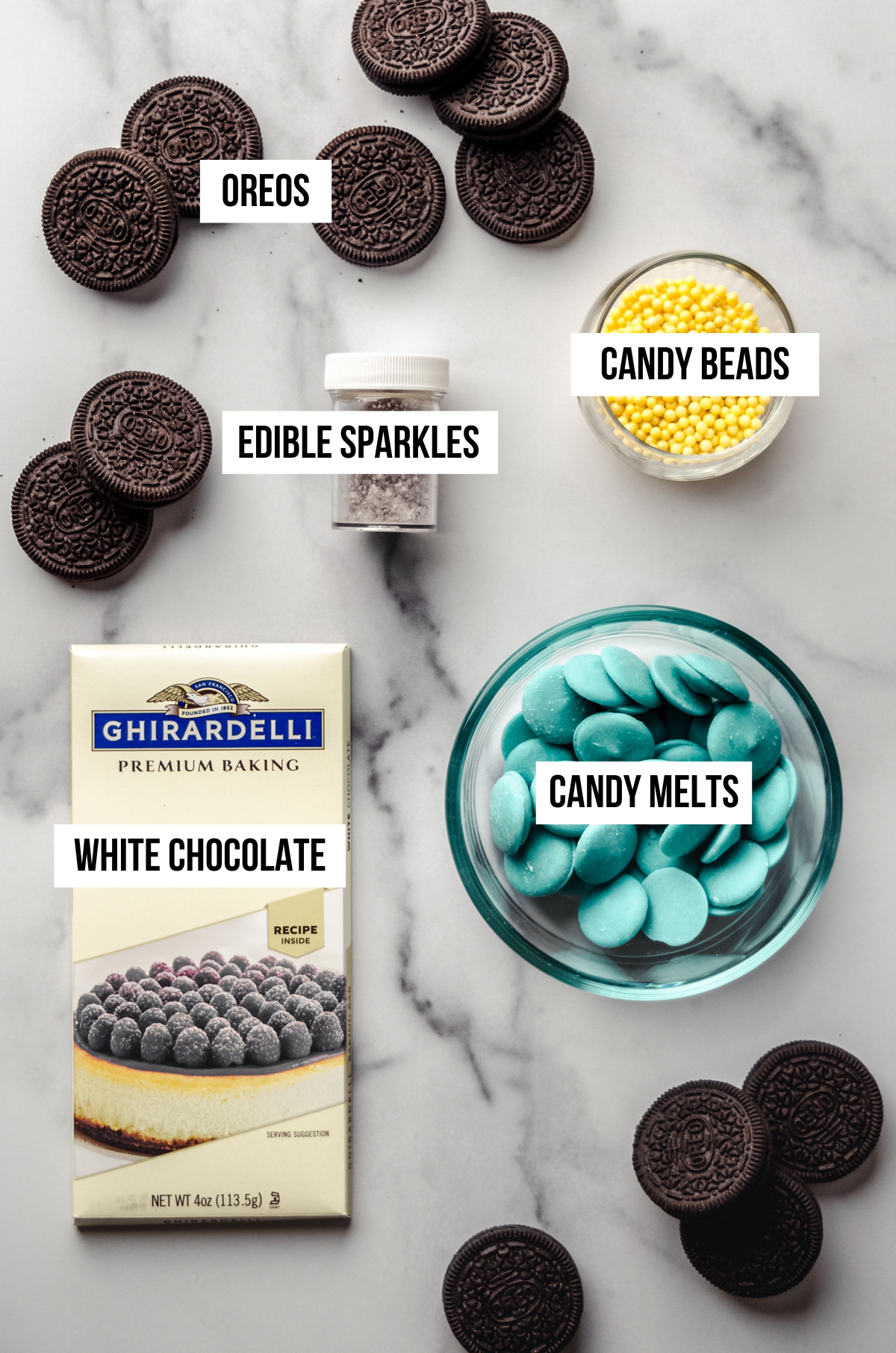 Aerial photo of ingredients for Hanukkah Oreos with text overlay.