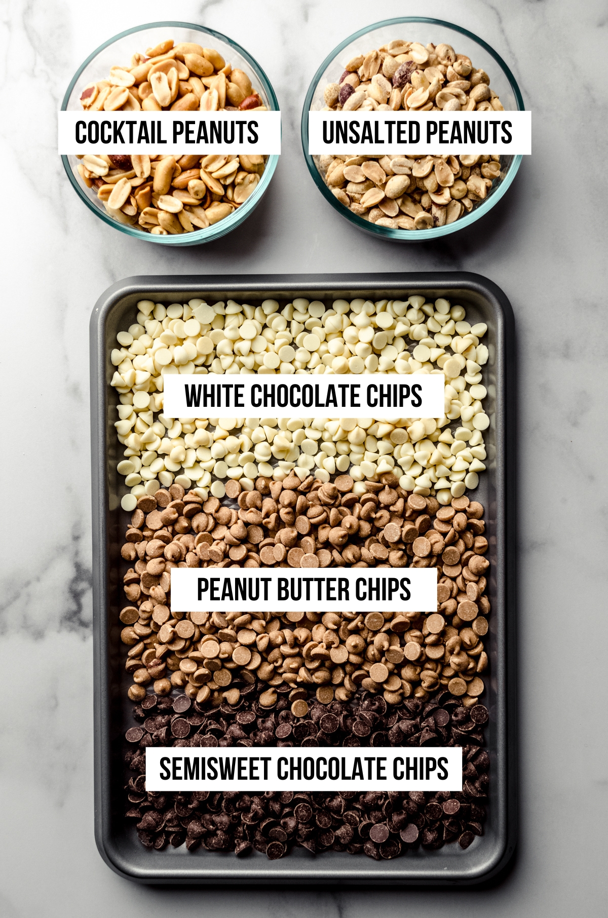 Aerial photo of ingredients for slow cooker peanut clusters with text overlay.