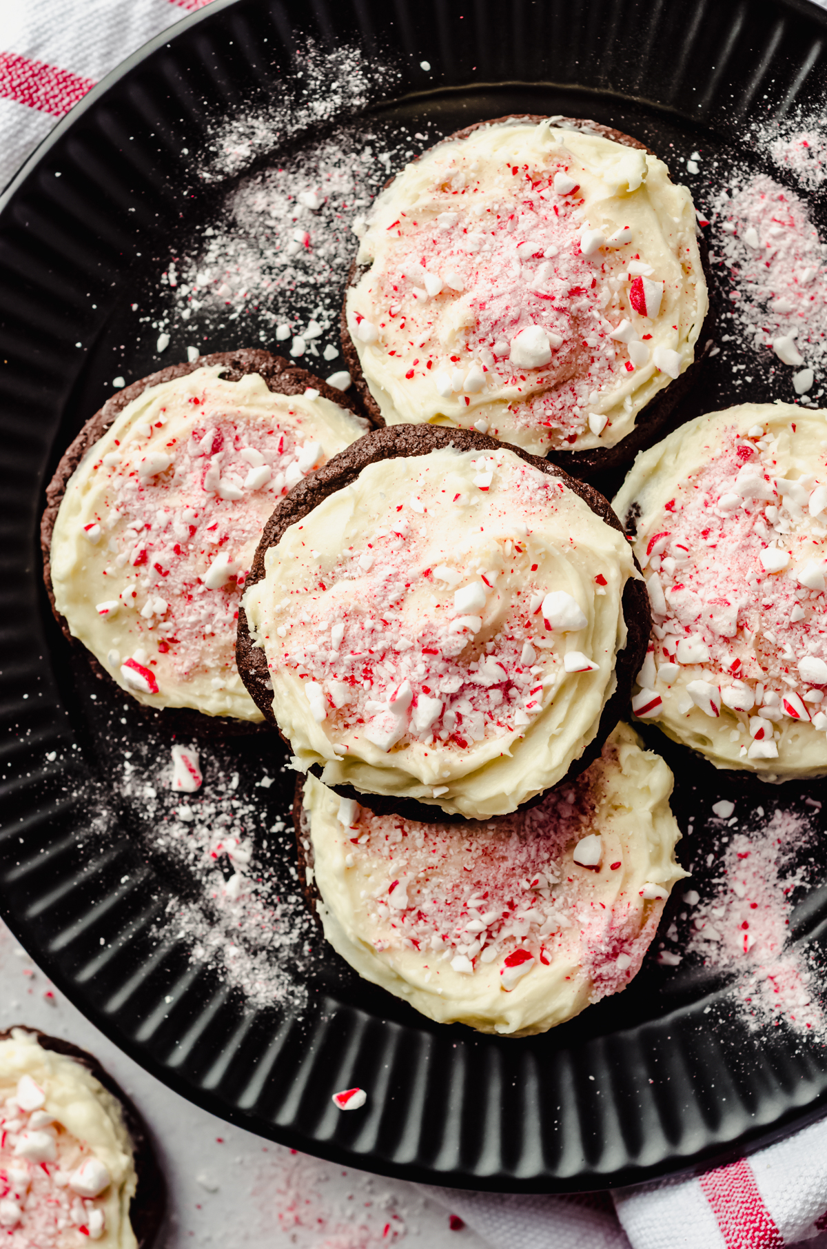 Aerial photo of peppermint bark cookies on a plate.