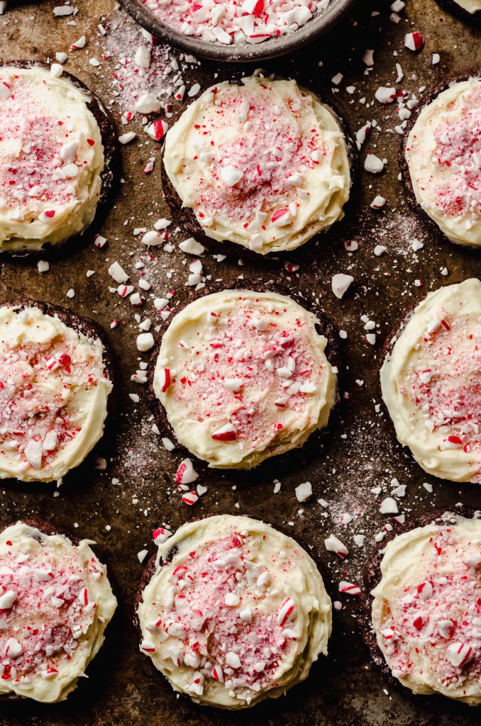 Aerial photo of peppermint bark cookies on a baking sheet.