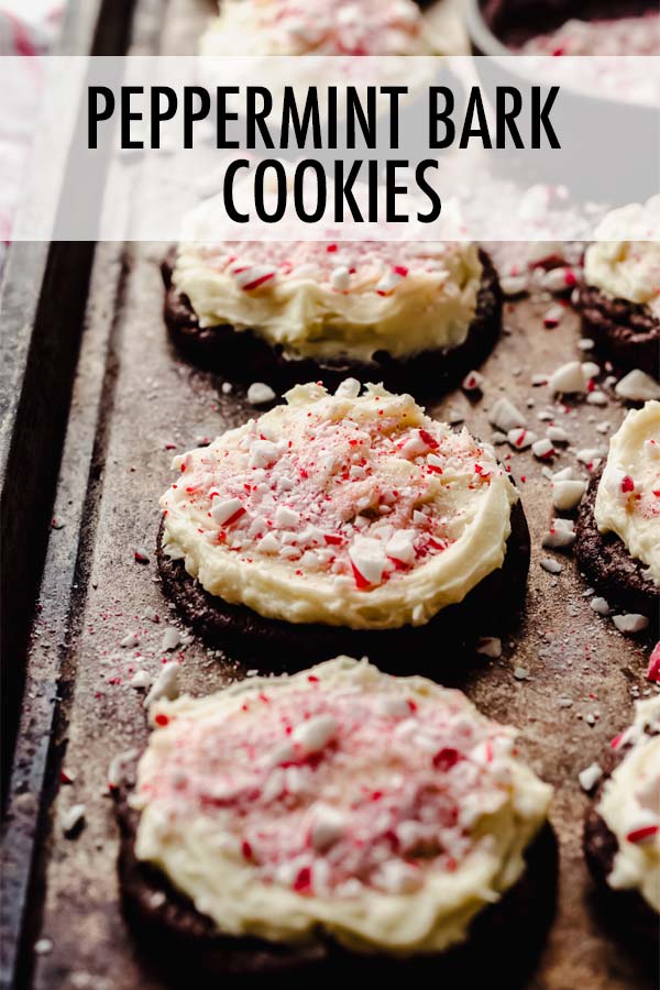 Soft and chewy chocolate cookies filled with chocolate chunks and topped with peppermint white chocolate frosting and crushed candy canes. via @frshaprilflours