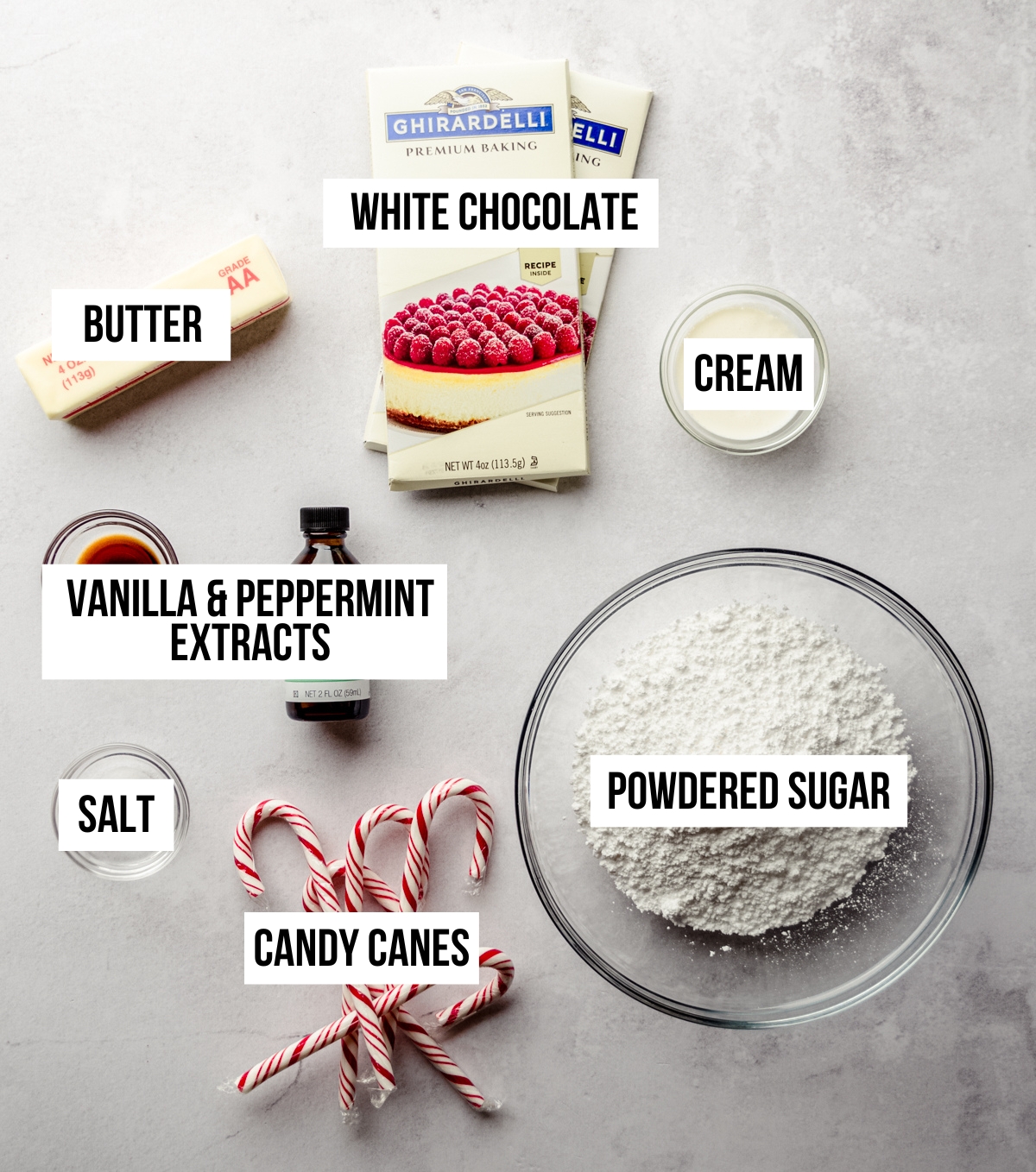 Aerial photo of ingredients for peppermint white chocolate frosting with text overlay.