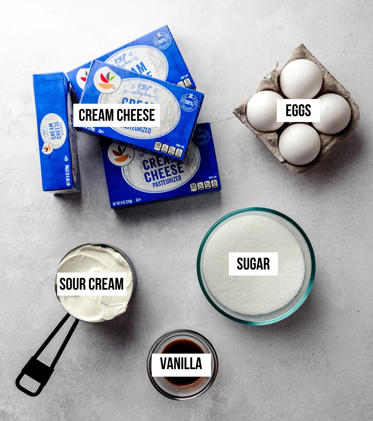 Ingredients for classic cheesecake with text overlay.