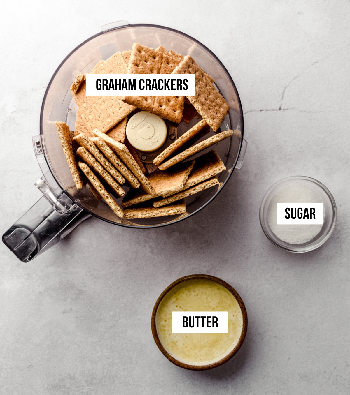 Ingredients for graham cracker crust with text overlay.