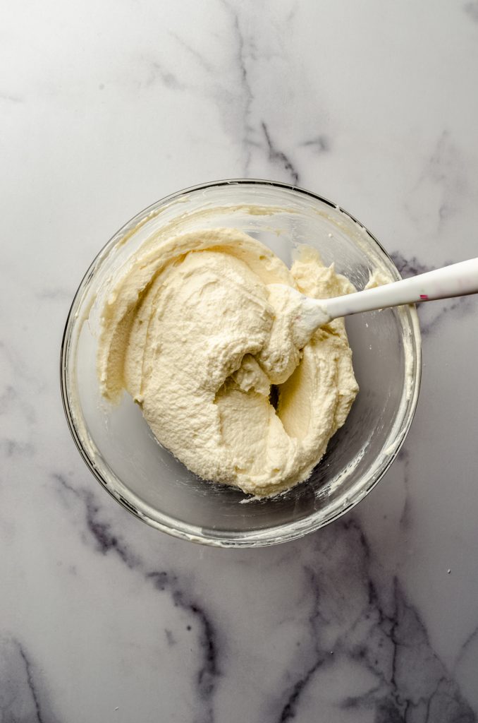 Aerial photo of mascarpone and whipped cream mixture for tiramisu.