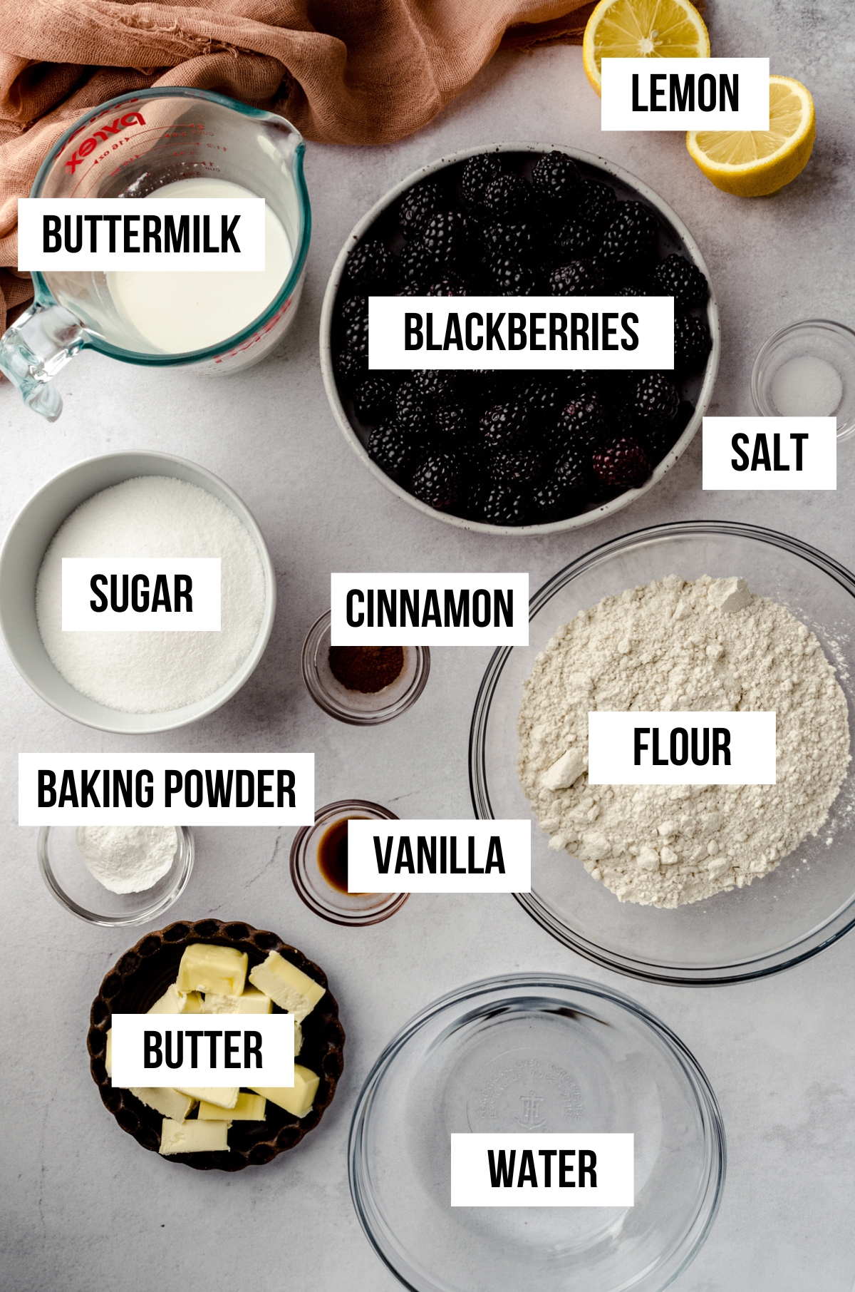 Aerial photo of ingredients for blackberry dumplings with text overlay.