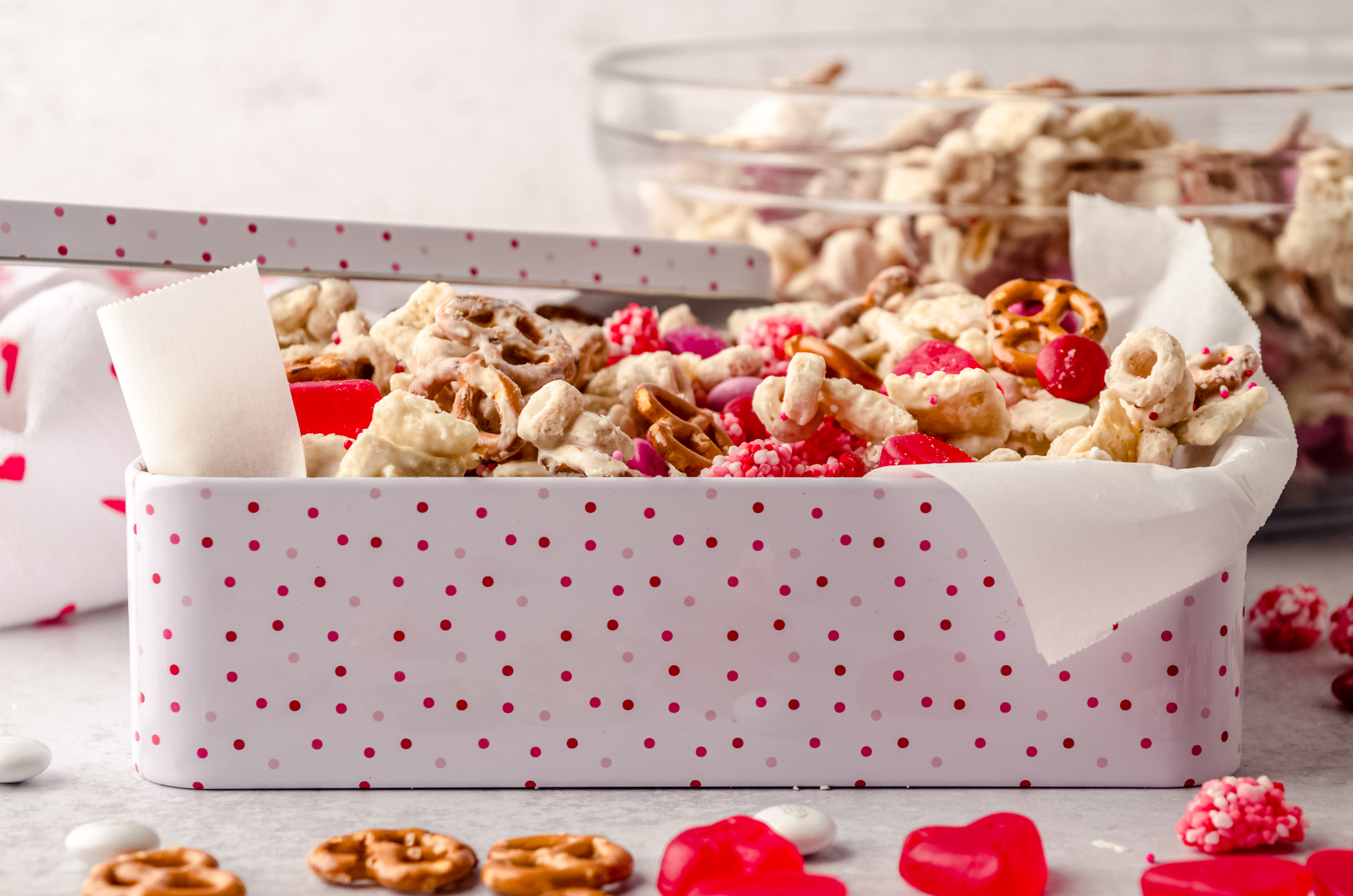 Valentine snack mix in a treat box.