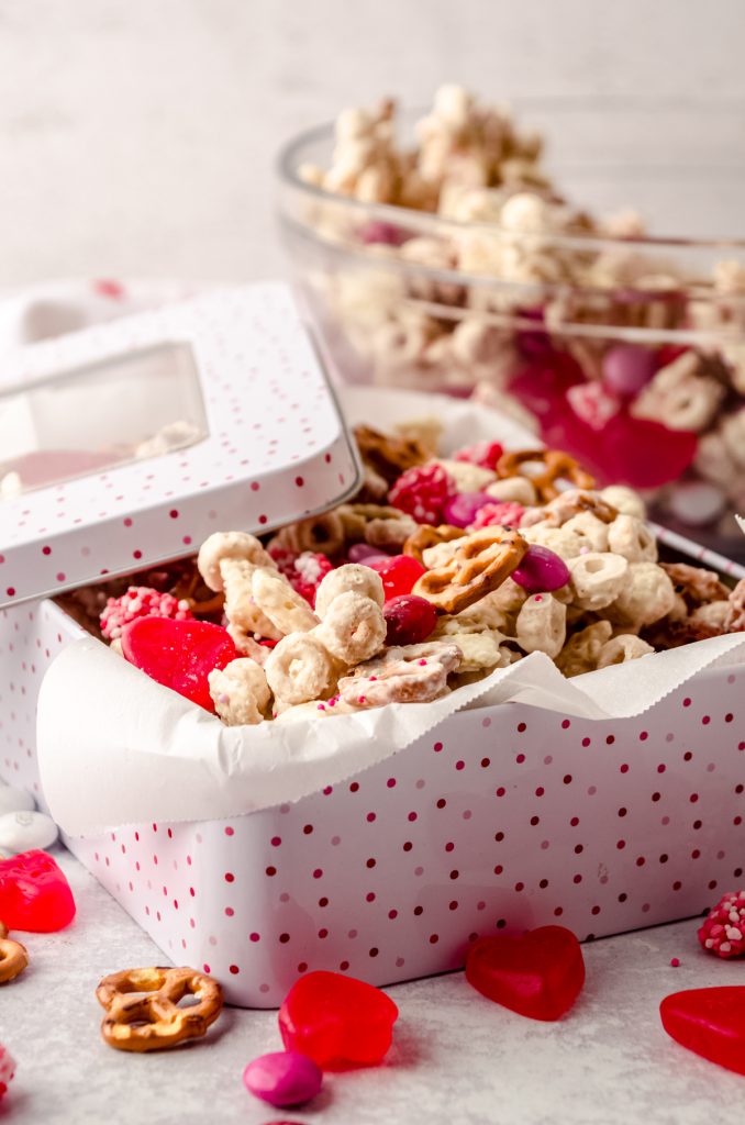 Valentine snack mix in a treat box.