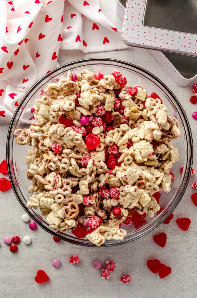 A large bowl of Valentine snack mix.